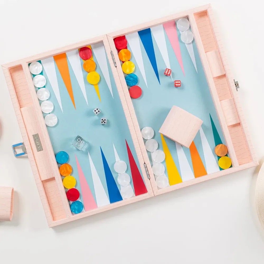 Leather goods - Backgammon Set Pink - Crocodile Vegan Leather - Medium - VIDO LUXURY BOARD GAMES