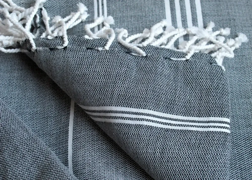 Bath towels - ORGANIC COTTON FOUTA - HAMMAM Collection - Color WHITE & ANTHRACITE - KARAWAN AUTHENTIC