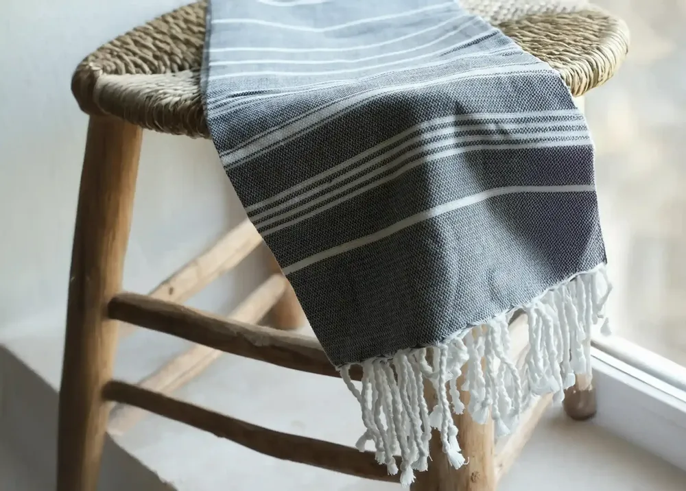 Bath towels - ORGANIC COTTON FOUTA - HAMMAM Collection - Color WHITE & ANTHRACITE - KARAWAN AUTHENTIC