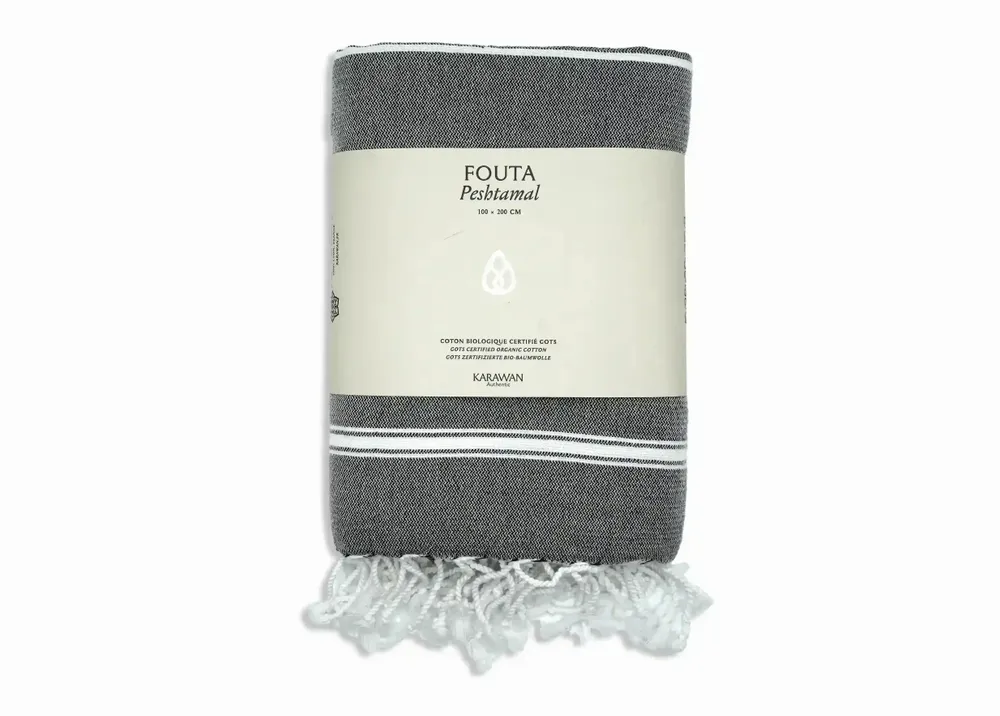 Bath towels - ORGANIC COTTON FOUTA - HAMMAM Collection - Color WHITE & ANTHRACITE - KARAWAN AUTHENTIC