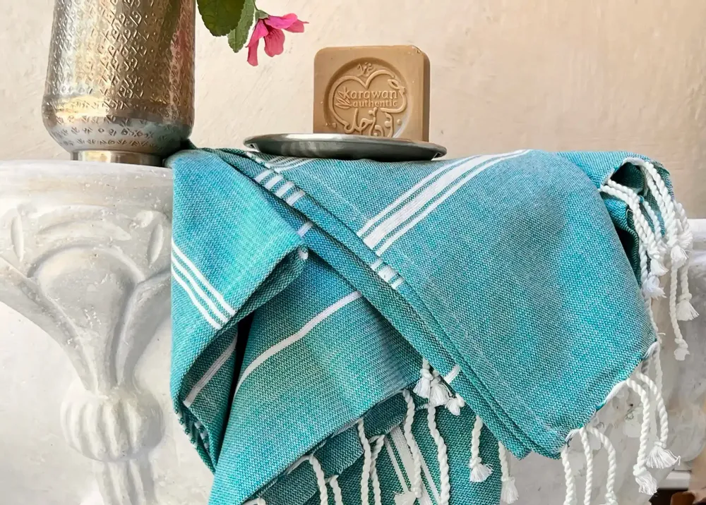 Bath towels - ORGANIC COTTON FOUTA - HAMMAM Collection - Color ATOLL BLUE - KARAWAN AUTHENTIC