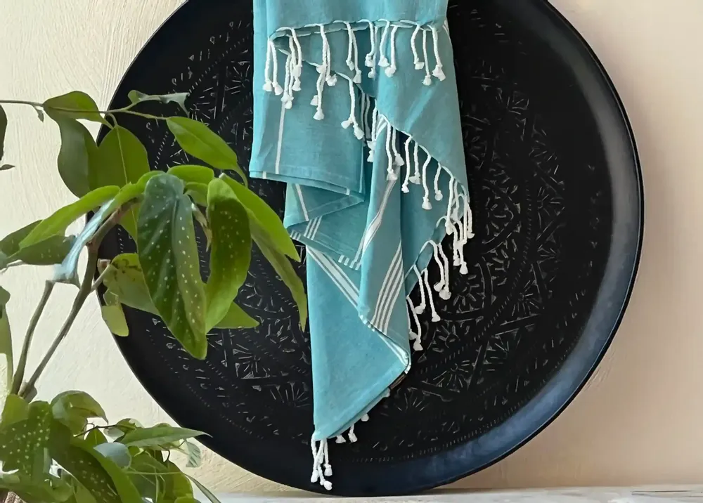 Bath towels - ORGANIC COTTON FOUTA - HAMMAM Collection - Color ATOLL BLUE - KARAWAN AUTHENTIC
