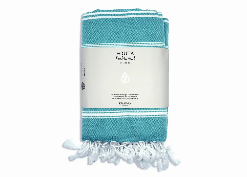 Bath towels - ORGANIC COTTON FOUTA - HAMMAM Collection - Color ATOLL BLUE - KARAWAN AUTHENTIC