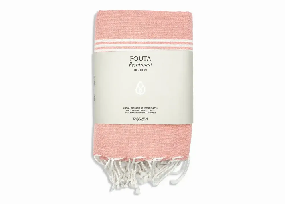Bath towels - ORGANIC COTTON TOWEL - HAMMAM COLLECTION - WHITE & CORAL COLOR - KARAWAN AUTHENTIC