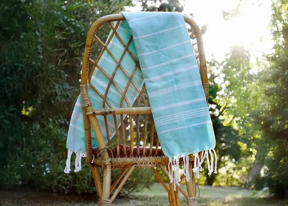 Bath towels - ORGANIC COTTON FOUTA - HAMMAM COLLECTION - WHITE & MINT COLOR - KARAWAN AUTHENTIC