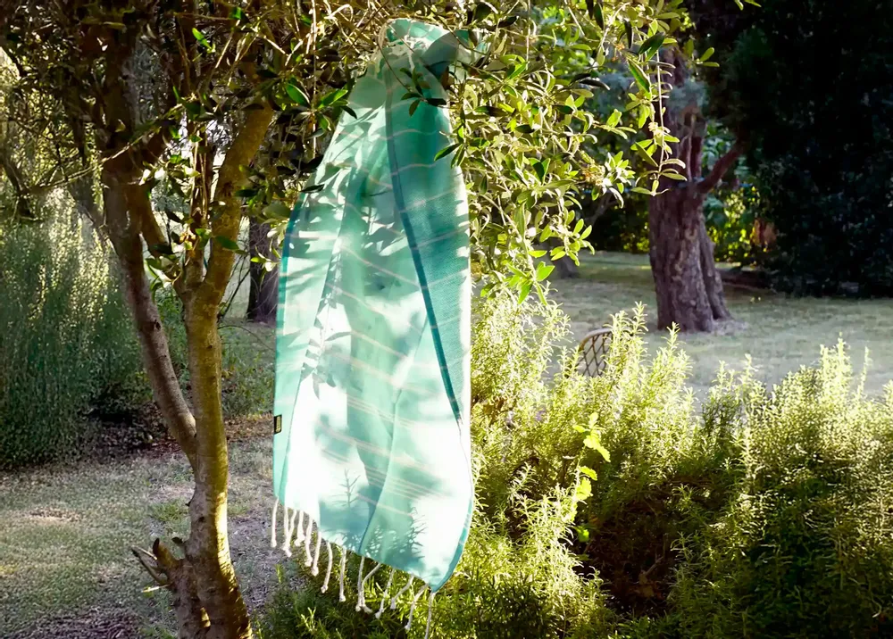 Bath towels - ORGANIC COTTON FOUTA - HAMMAM COLLECTION - WHITE & MINT COLOR - KARAWAN AUTHENTIC