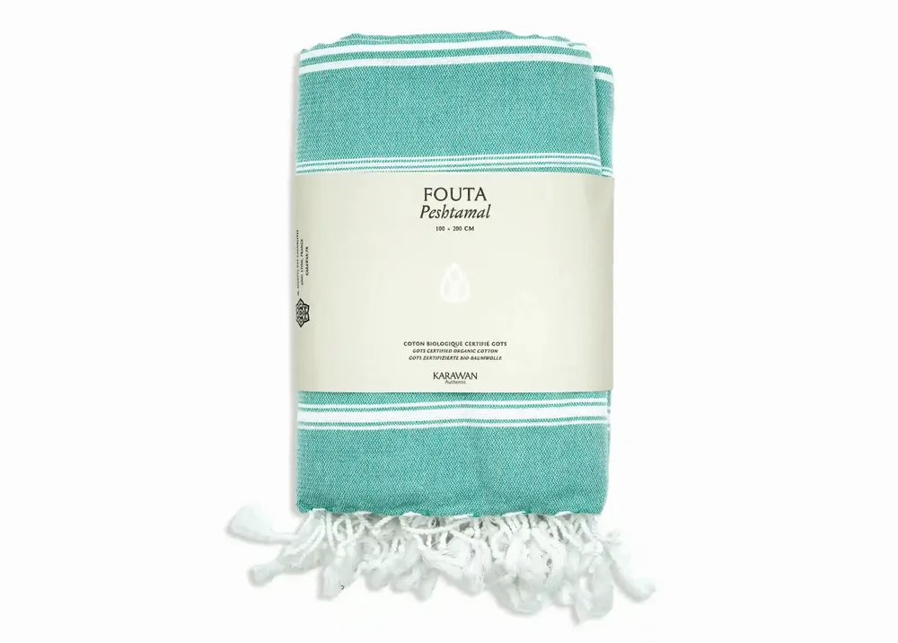 Bath towels - ORGANIC COTTON FOUTA - HAMMAM COLLECTION - WHITE & MINT COLOR - KARAWAN AUTHENTIC