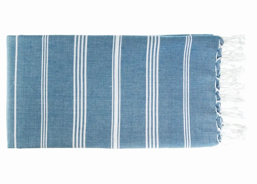 Bath towels - ORGANIC COTTON FOUTA - HAMMAM Collection - Color WHITE & OCEAN - KARAWAN AUTHENTIC
