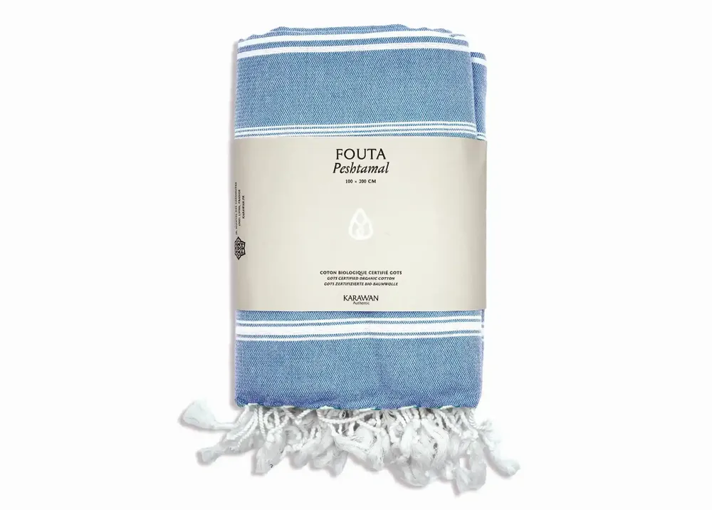 Bath towels - ORGANIC COTTON FOUTA - HAMMAM Collection - Color WHITE & OCEAN - KARAWAN AUTHENTIC
