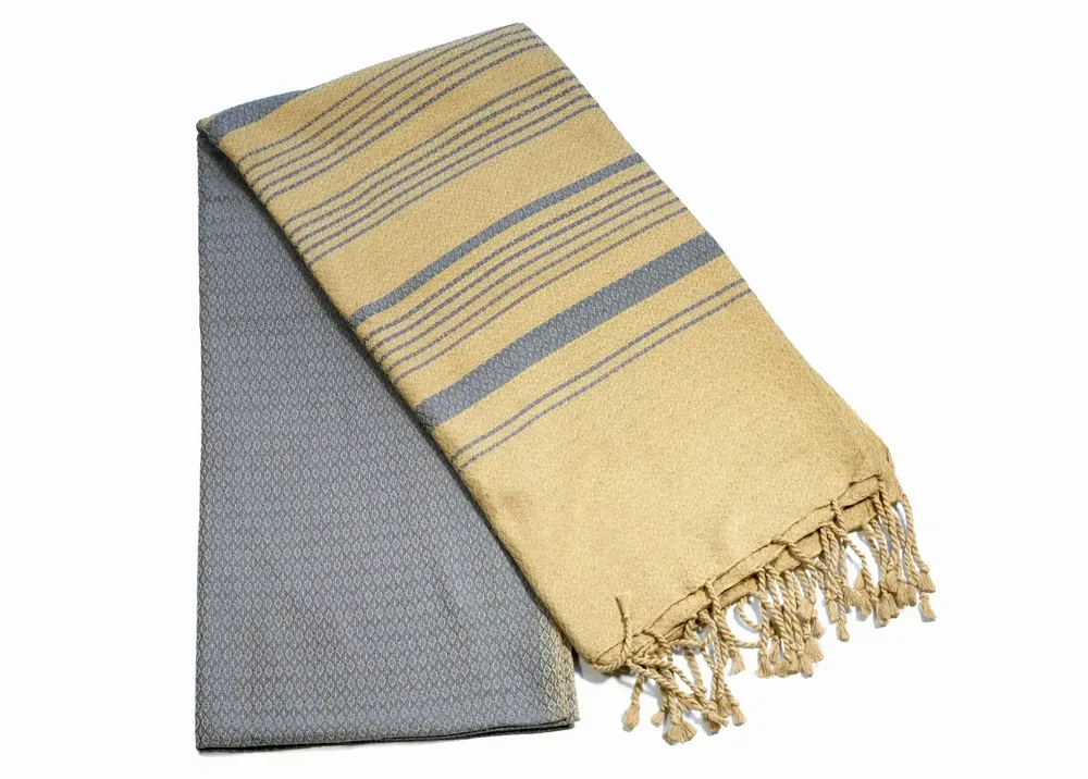 Serviettes de bain - FOUTA EN COTON BIOLOGIQUE - Collection SAND- Couleur SABLE & BLEU DE CHINE - KARAWAN AUTHENTIC