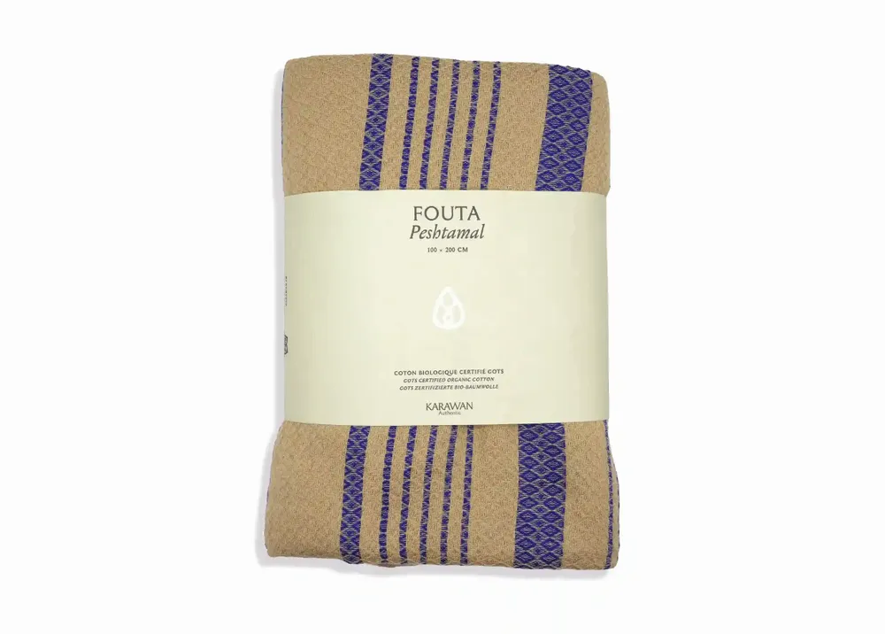 Serviettes de bain - FOUTA EN COTON BIOLOGIQUE - Collection SAND- Couleur SABLE & BLEU IMPERIAL - KARAWAN AUTHENTIC