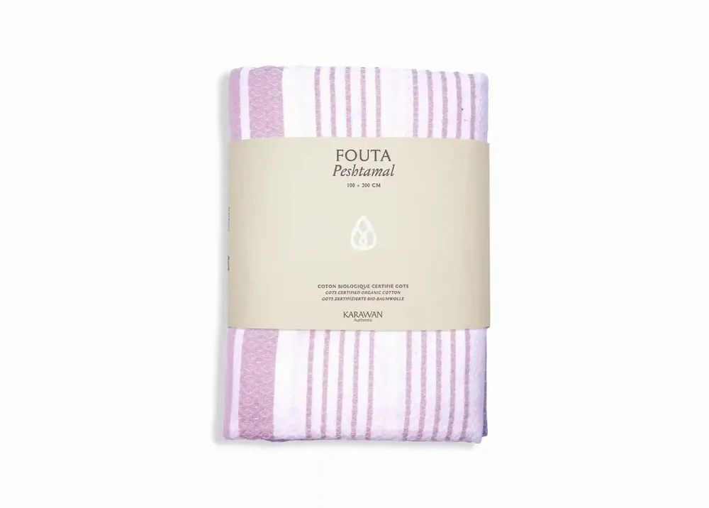 Serviettes de bain - FOUTA EN COTON BIOLOGIQUE - Collection WHITE SAND- Couleur BLANC & PARME - KARAWAN AUTHENTIC