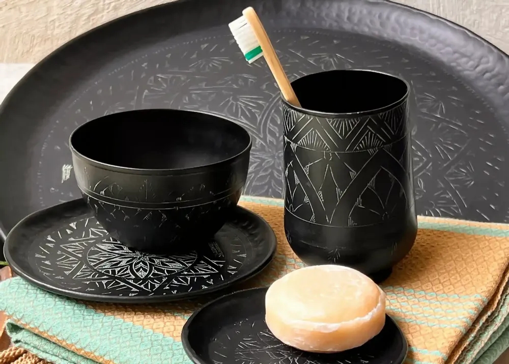 Decorative objects - ETCHED BLACK BRASS GLASS' ARABESK ' - KARAWAN AUTHENTIC