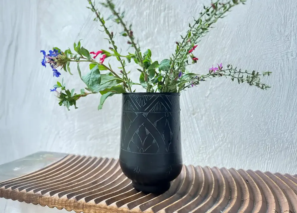 Decorative objects - ETCHED BLACK BRASS GLASS' ARABESK ' - KARAWAN AUTHENTIC