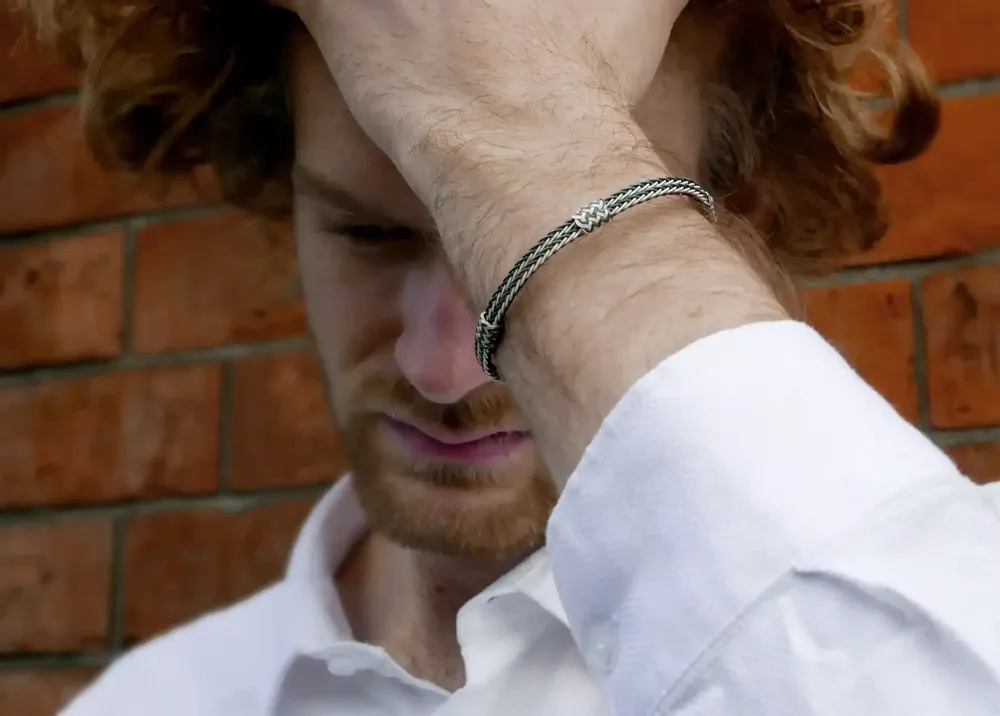 Bracelets - BRACELET DOUBLE TRESSE FINE + 3 NOEUDS COULANTS - ARGENT ET ARGENT OXYDÉ - FAIT MAIN - HOMME&FEMME - KARAWAN AUTHENTIC