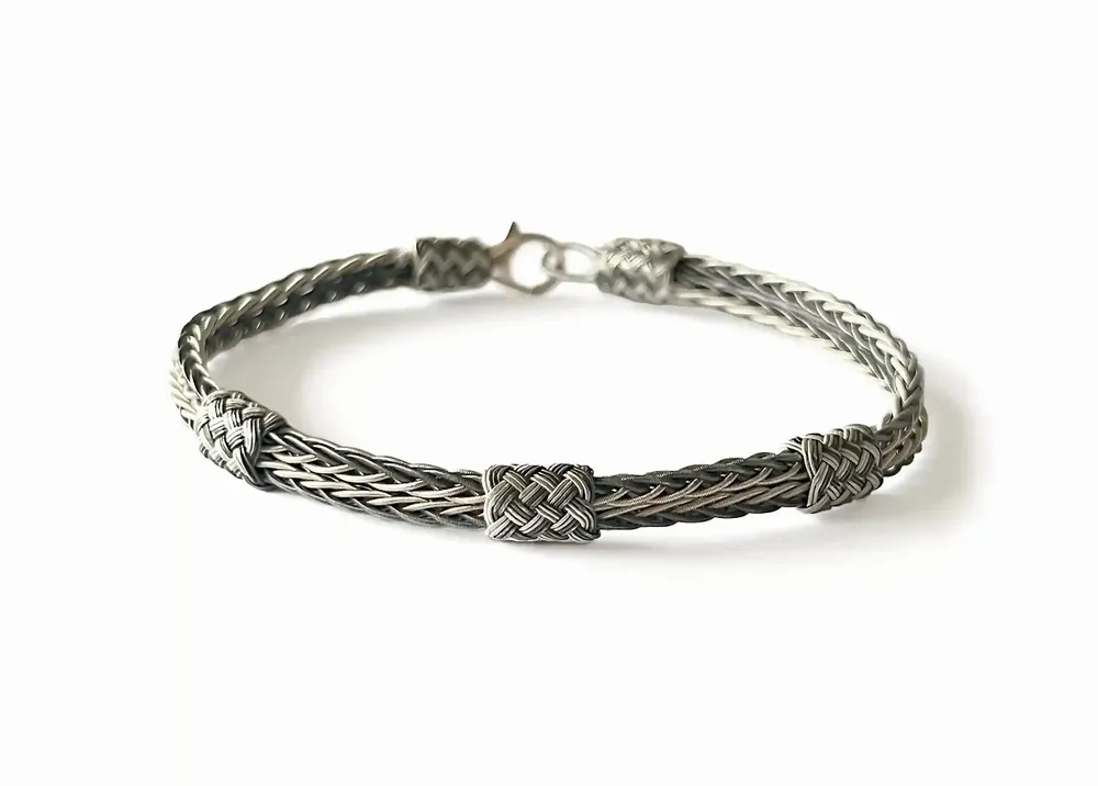 Bracelets - BRACELET DOUBLE TRESSE FINE + 3 NOEUDS COULANTS - ARGENT ET ARGENT OXYDÉ - FAIT MAIN - HOMME&FEMME - KARAWAN AUTHENTIC