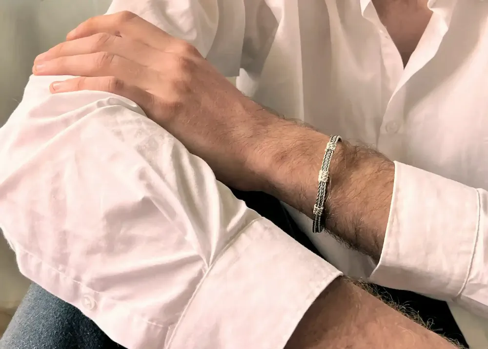 Bracelets - BRACELET DOUBLE TRESSE FINE + 3 NOEUDS COULANTS - ARGENT ET ARGENT OXYDÉ - FAIT MAIN - HOMME&FEMME - KARAWAN AUTHENTIC