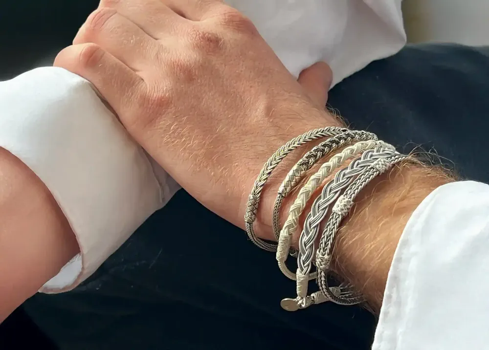 Bracelets - BRACELET DOUBLE TRESSE FINE + 3 NOEUDS COULANTS - ARGENT ET ARGENT OXYDÉ - FAIT MAIN - HOMME&FEMME - KARAWAN AUTHENTIC