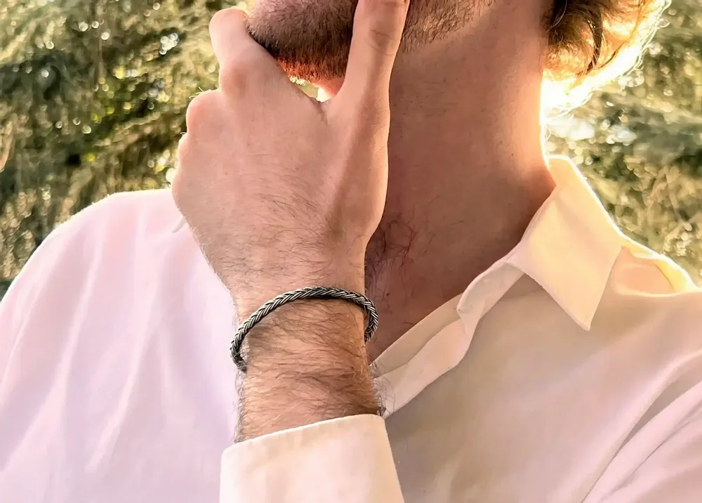 Bracelets - BRACELET TRESSE RONDE - ARGENT ET ARGENT OXYDÉ - FAIT MAIN - HOMME&FEMME - KARAWAN AUTHENTIC