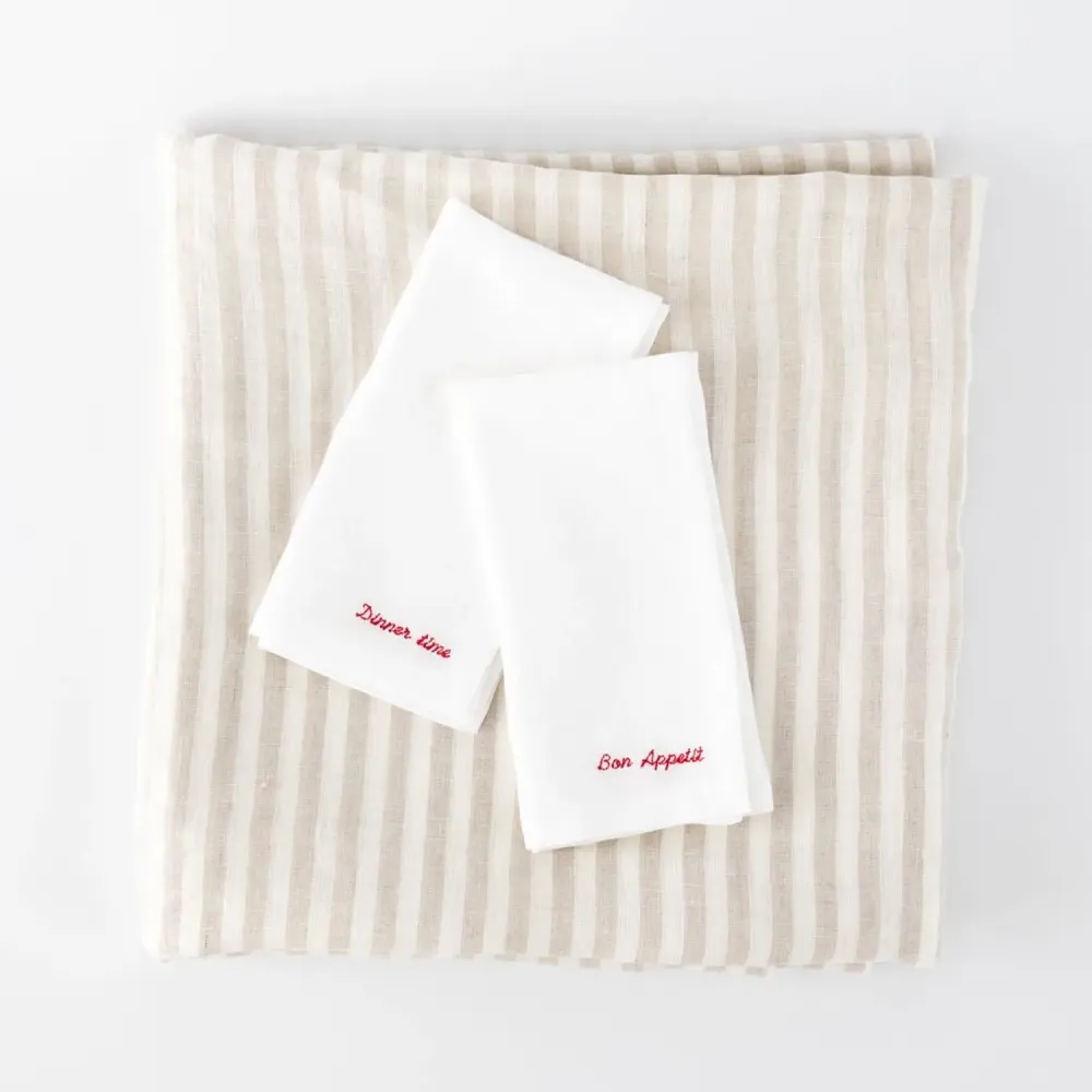 Table linen - Beige Linen Stripes Tablecloth 140 x 260 cm - OURY HOME