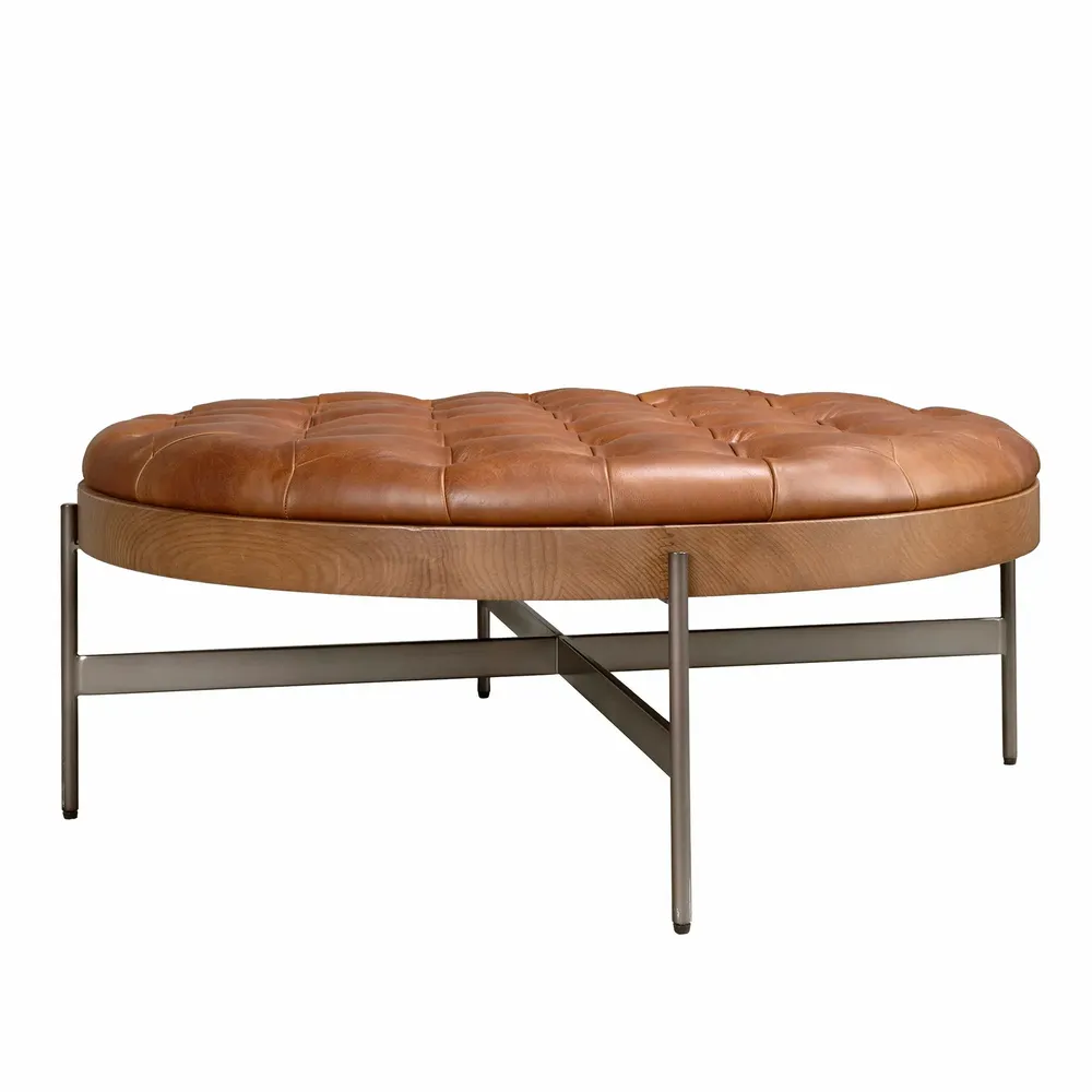 Tables basses - Table basse ronde en cuir brun foncé, noyer et acier foncé - ANGEL CERDÁ