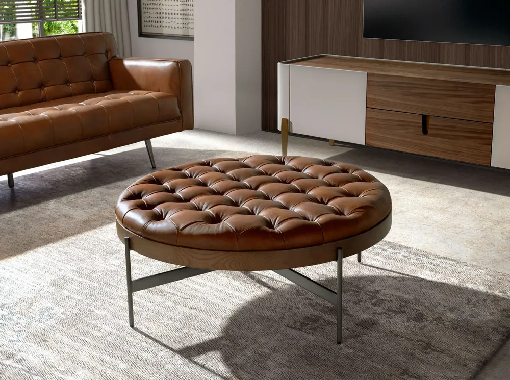 Tables basses - Table basse ronde en cuir brun foncé, noyer et acier foncé - ANGEL CERDÁ