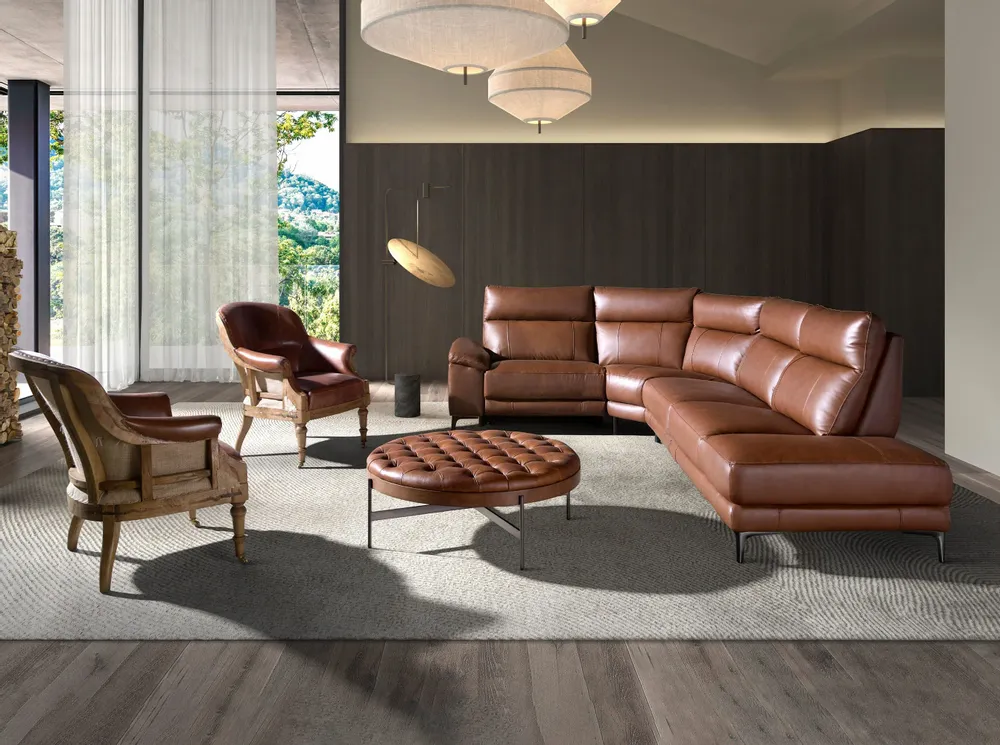 Tables basses - Table basse ronde en cuir brun foncé, noyer et acier foncé - ANGEL CERDÁ