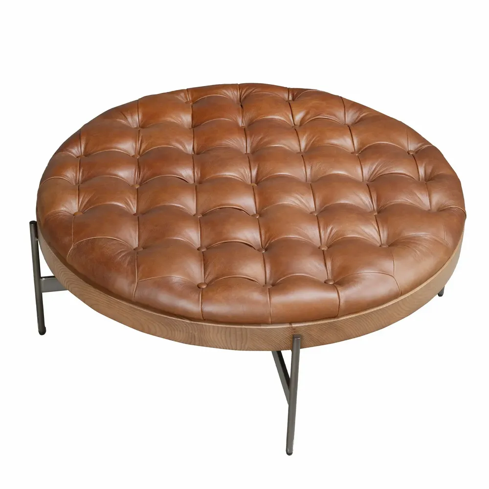 Tables basses - Table basse ronde en cuir brun foncé, noyer et acier foncé - ANGEL CERDÁ