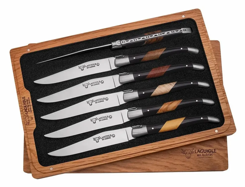 Knives - Set of 6 Biseau mixed wood table knives - LAGUIOLE EN AUBRAC