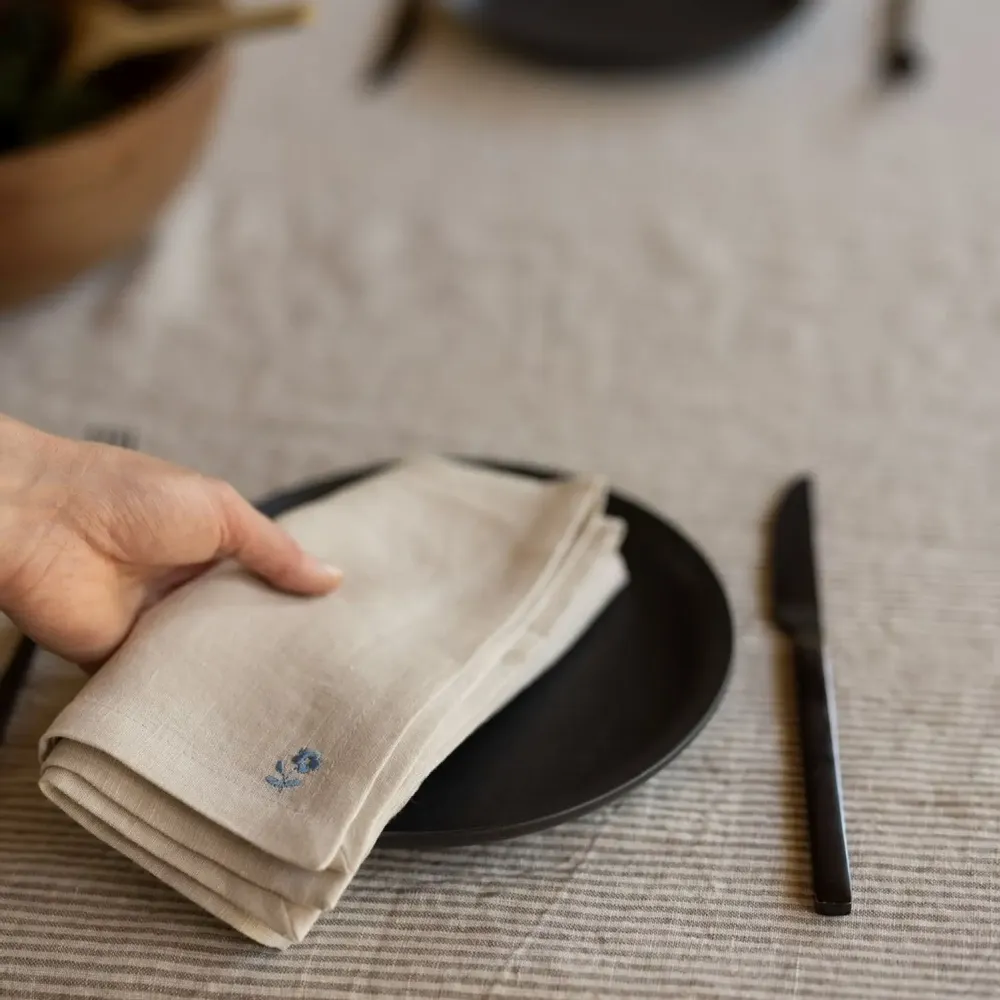 Table linen - Beige Linen Napkins (Set of 2) – Floral Embroidery - OURY HOME