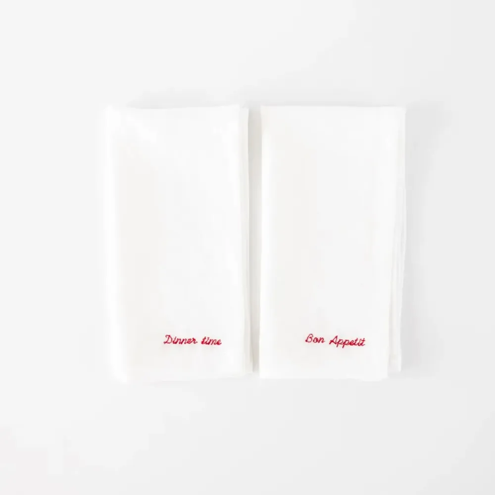 Table linen - Embroidered Linen Napkins (Set of 2) – “Bon Appétit” & “Dinner Time” - OURY HOME