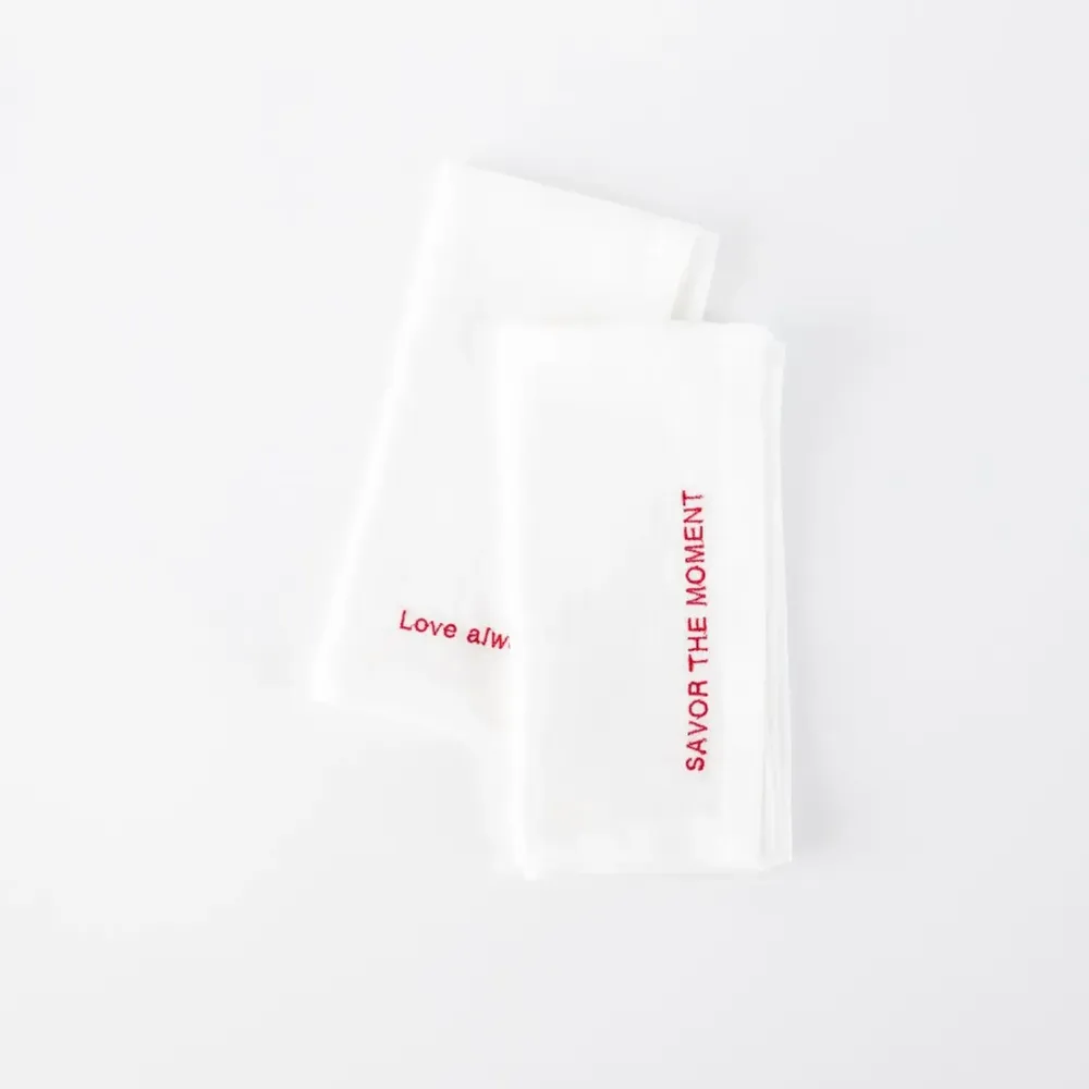 Table linen - Embroidered Linen Napkins – “Savor the Moment” & “Love Always” - OURY HOME