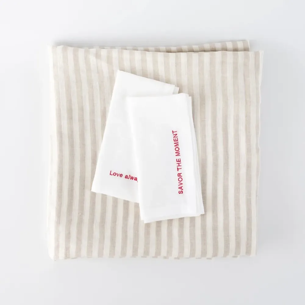 Table linen - Embroidered Linen Napkins – “Savor the Moment” & “Love Always” - OURY HOME