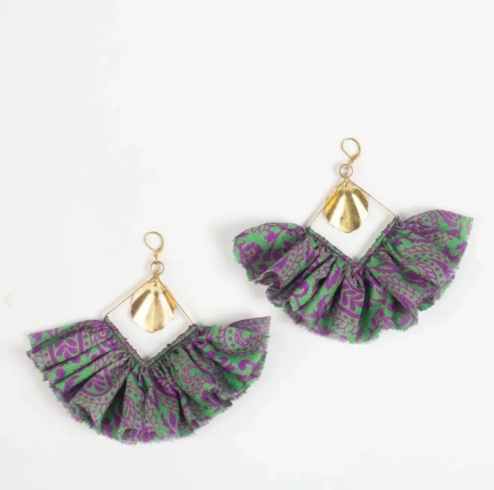 Jewelry - Maxi square earrings – upcycled sari with frill & metal charm - I WAS A SARI