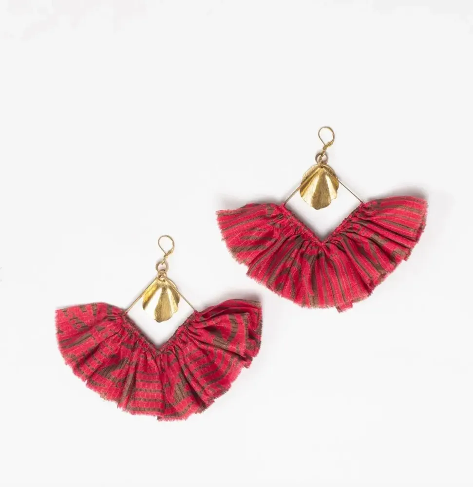 Jewelry - Maxi square earrings – upcycled sari with frill & metal charm - I WAS A SARI