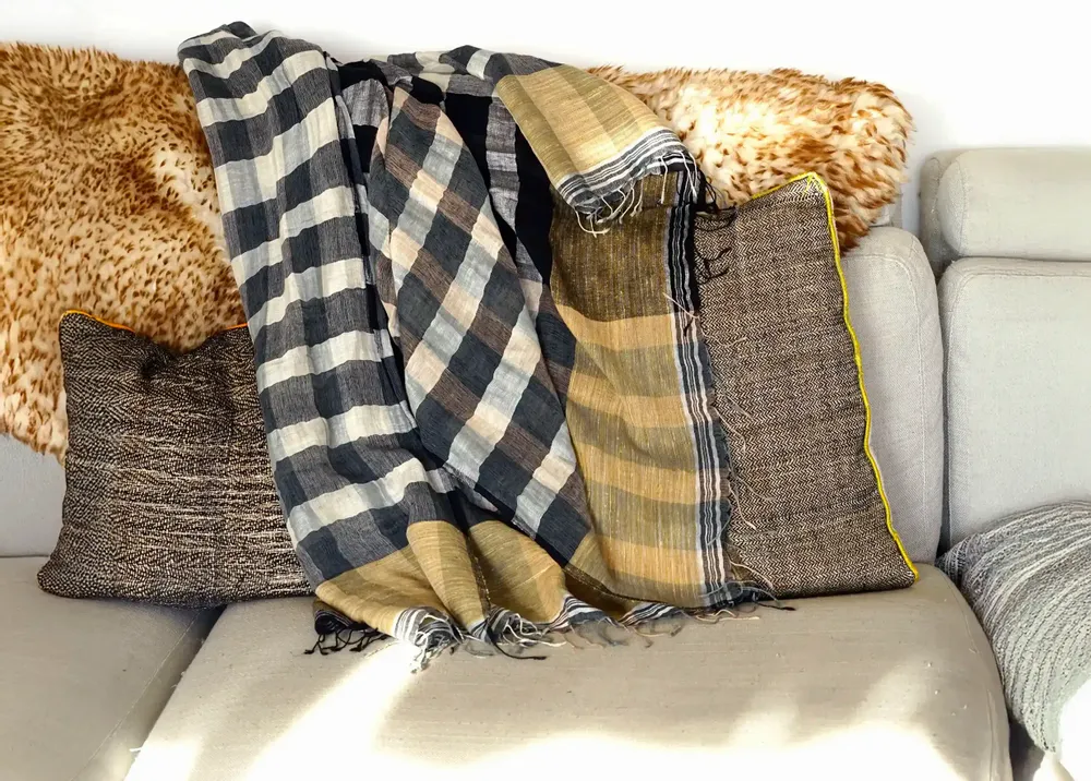 Scarves - LINEN, ORGANIC COTTON AND JUTE STOLE\" CHESS” - KARAWAN AUTHENTIC