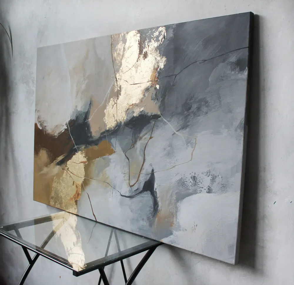 Paintings - Original handmade wall art. Abstract gray gold painting "Desert 2" - MATISS ART STUDIO