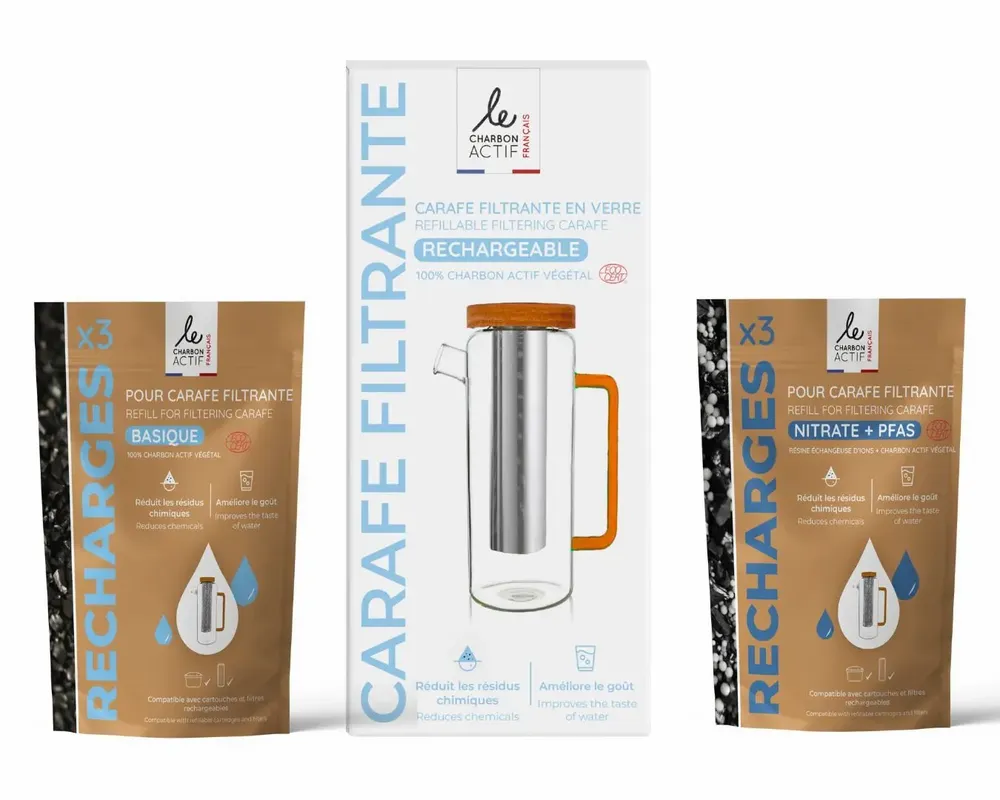 Accessoires thé et café - Carafe filtrante en verre rechargeable 1.5L zéro plastique - LE CHARBON ACTIF FRANCAIS