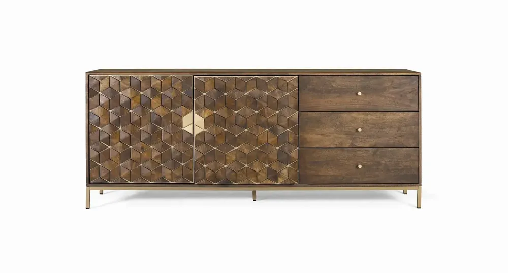 Sideboards - Sophisticated mango wood and metal sideboard in walnut and gold - GINER Y COLOMER
