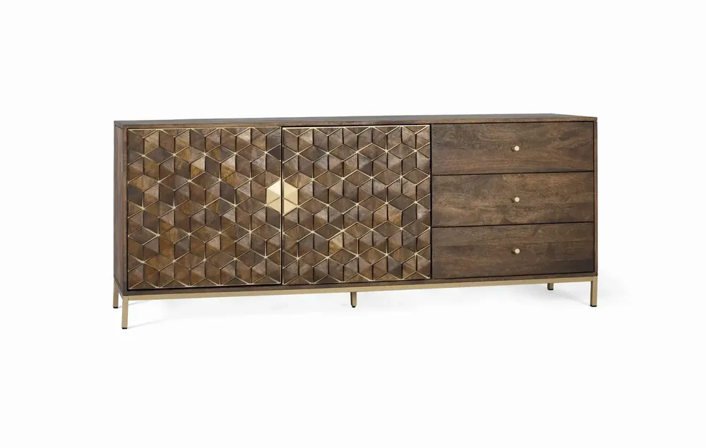 Sideboards - Sophisticated mango wood and metal sideboard in walnut and gold - GINER Y COLOMER