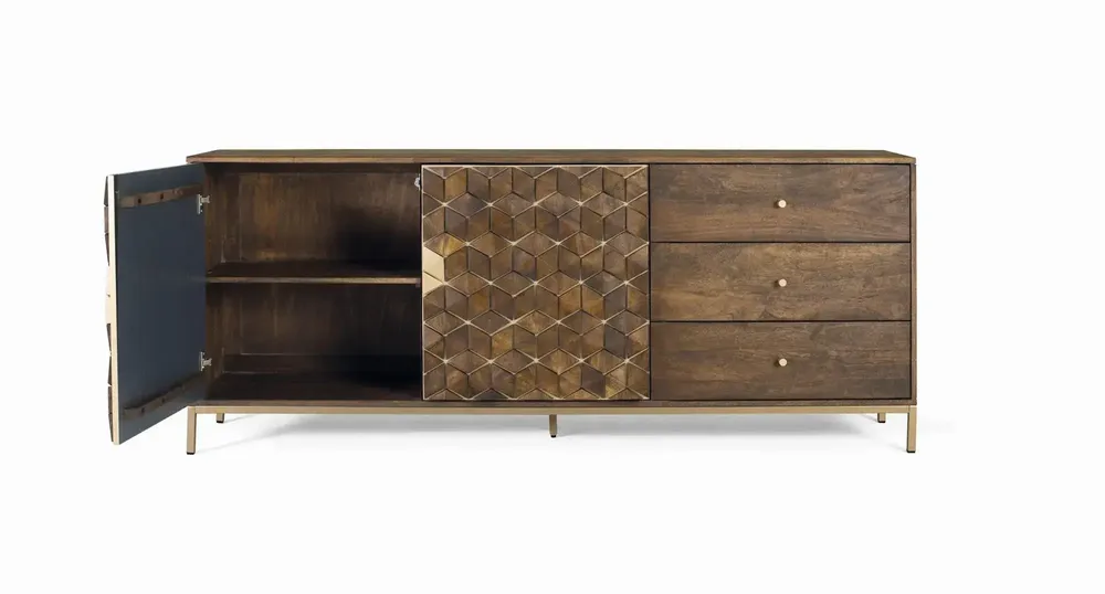 Sideboards - Sophisticated mango wood and metal sideboard in walnut and gold - GINER Y COLOMER