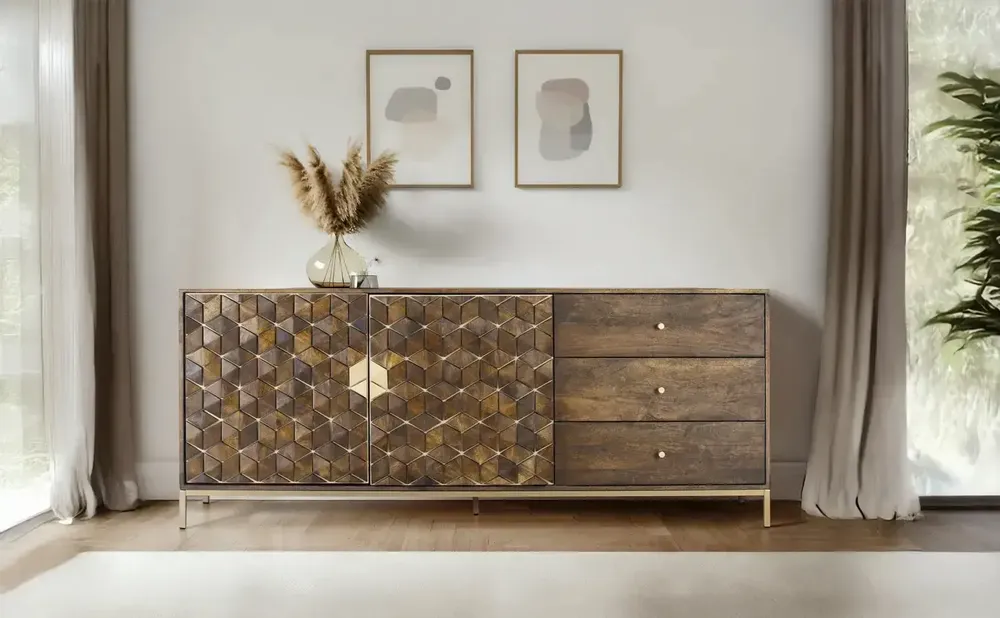 Sideboards - Sophisticated mango wood and metal sideboard in walnut and gold - GINER Y COLOMER