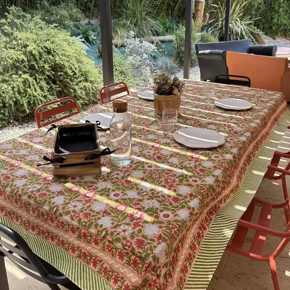 Linge de table textile - Nappes coton imprimées au tampon de bois, 160 x 250 cm - MAISON LILO