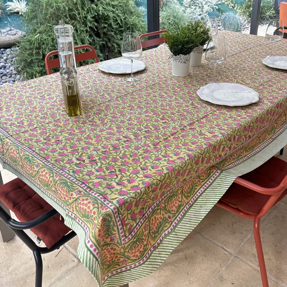 Linge de table textile - Nappes coton imprimées au tampon de bois, 160 x 250 cm - MAISON LILO