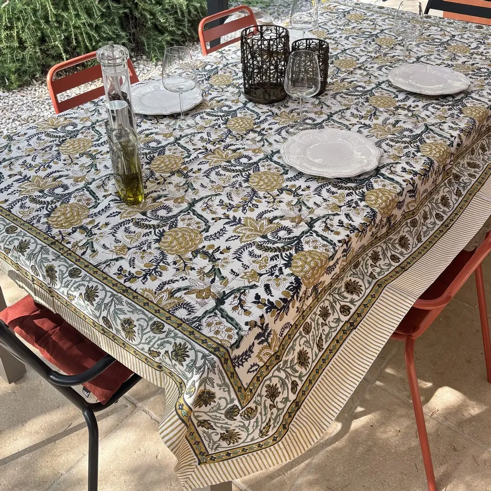 Linge de table textile - Nappes coton imprimées au tampon de bois, 160 x 250 cm - MAISON LILO