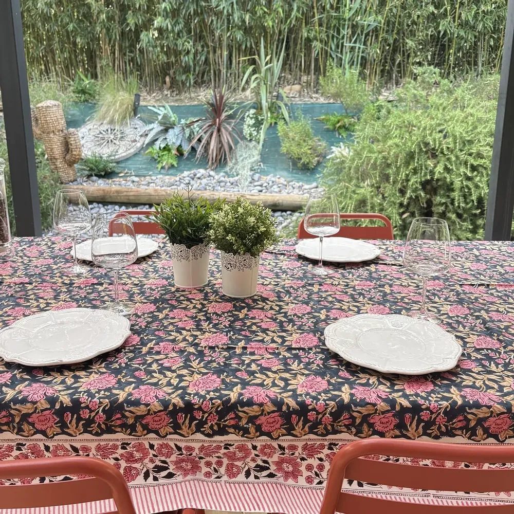Linge de table textile - Nappes coton imprimées au tampon de bois, 160 x 250 cm - MAISON LILO
