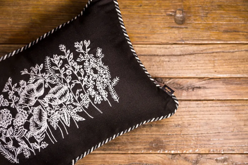 Fabric cushions - 'Meadow' Hand Embroidered Italian Cushion, 50 x 35 cm - SHAKU