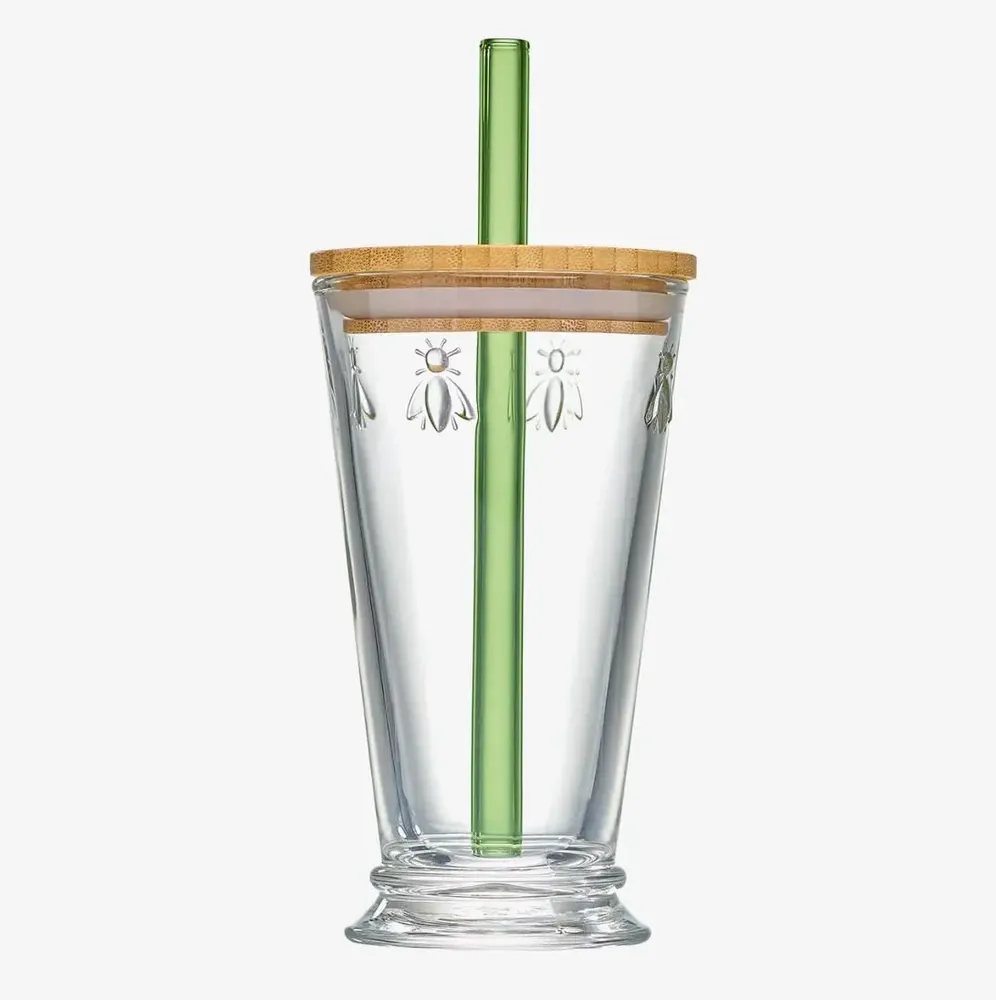 Glass - BUBBLE TEA BEE box with lid and green straw - LA ROCHÈRE