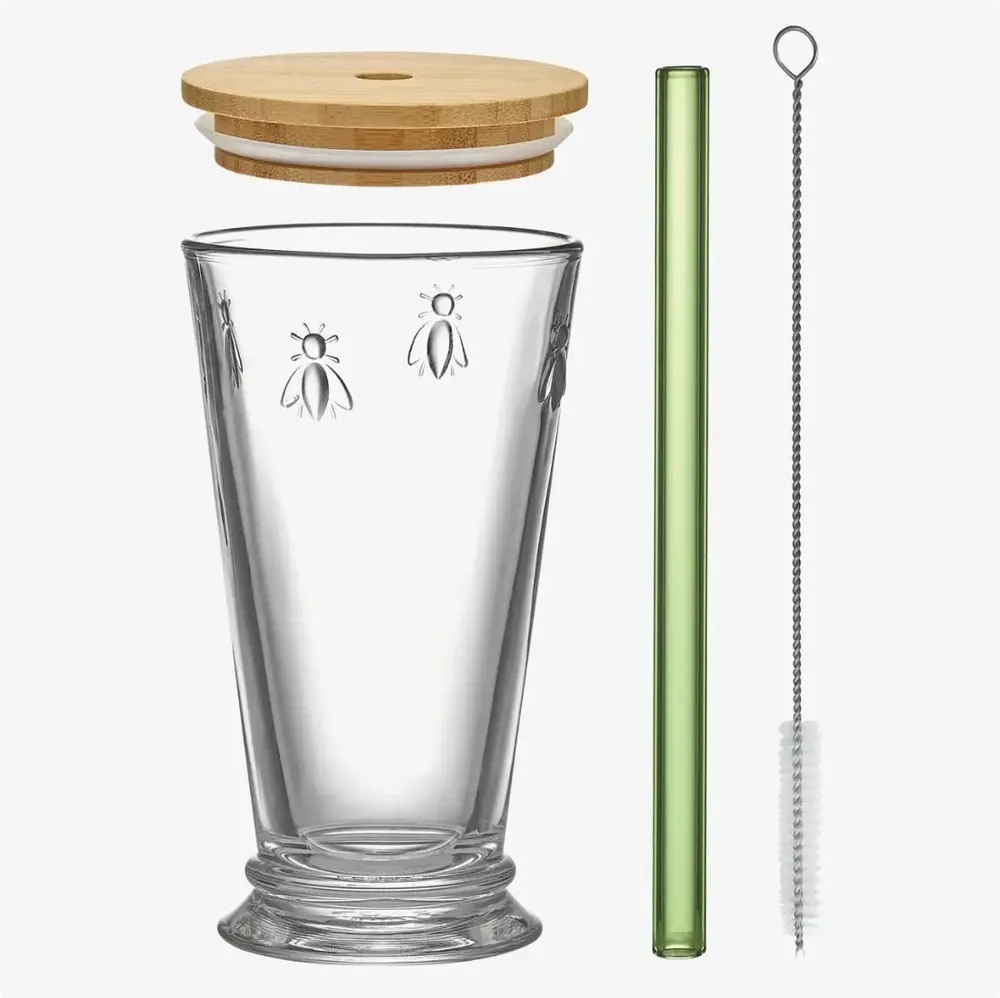Glass - BUBBLE TEA BEE box with lid and green straw - LA ROCHÈRE