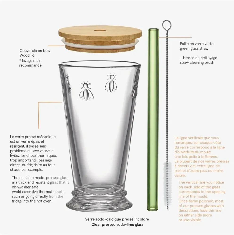Glass - BUBBLE TEA BEE box with lid and green straw - LA ROCHÈRE
